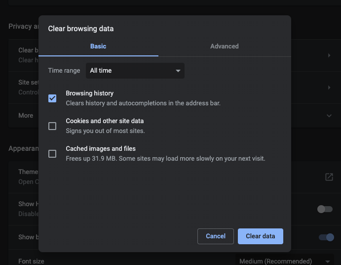 reset browing history in chrome for mac