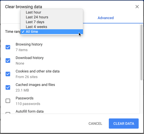 reset browing history in chrome for mac
